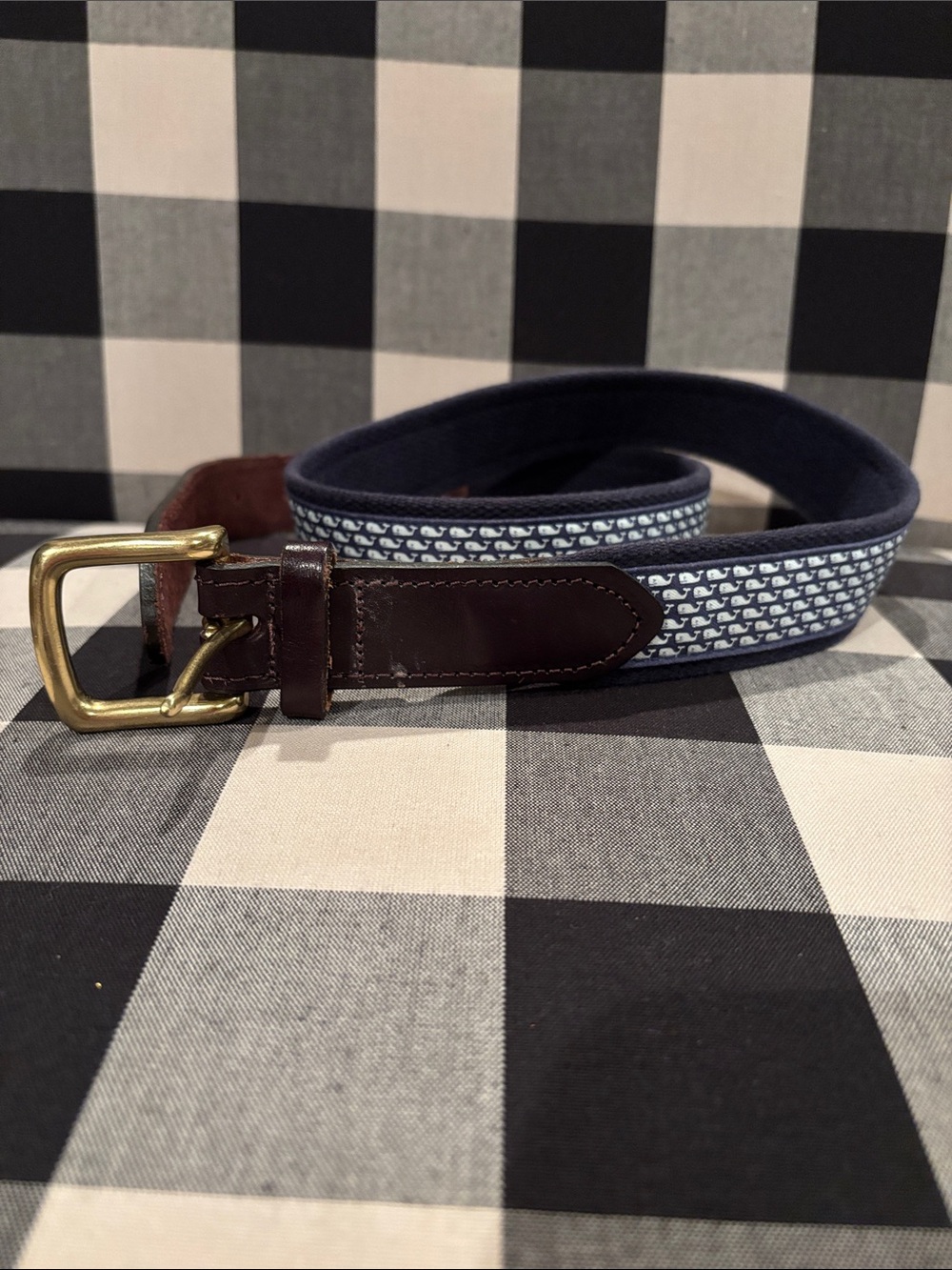 Men's Navy Patterned Webbing Belt with Brown Leather Trim